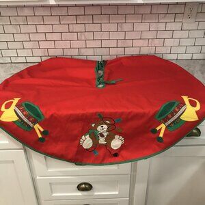 Vintage M Christmas Tree Skirt Red Green Teddy Bear Lights Drum Trumpet Applique